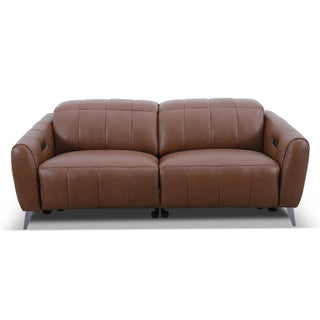 A brown leather recliner 2 seater sofa with side-positioned buttons and built-in USB and USB-C charging ports.