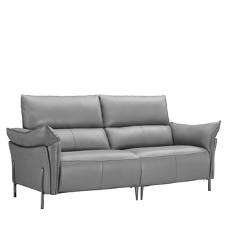 A gray leather Jaffa sofa with a modern design, featuring a sleek profile and minimalist leg design.