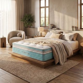 Bedroom with a bed featuring a mattress and pillows, surrounded by furniture and decor.