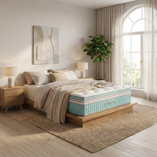 Bedroom with a mattress on a wooden bed frame, side tables, and a large window.