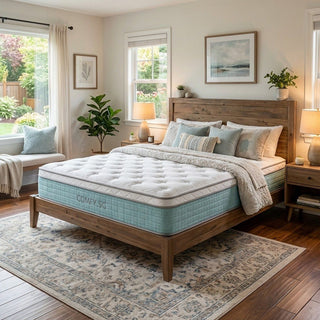 Bedroom with a wooden bed frame and Comfy SG mattress.