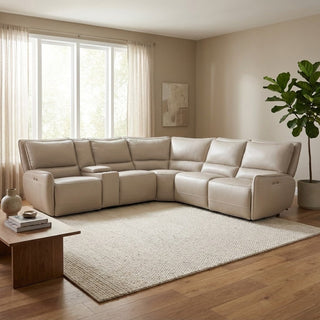 Beige sectional sofa in a living room with a rug and plant
