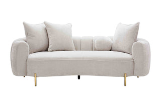 Beige sofa with four cushions on a white background