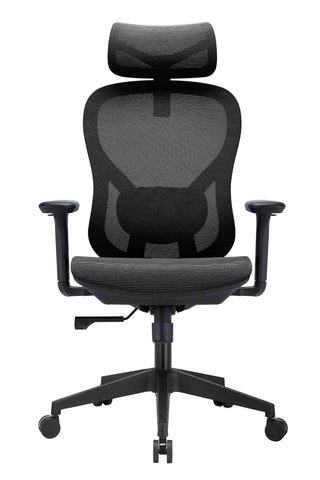 Black office chair with headrest on a white background