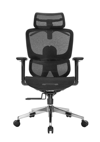 Black office chair with mesh back and adjustable arms on a white background