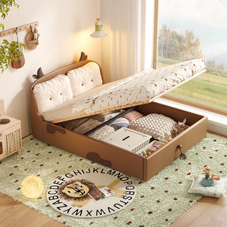Children's bed with storage drawers open, revealing toys and bedding, in a room with a window and rug.