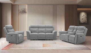 Gray sofa set with two recliner chairs in a modern living room.