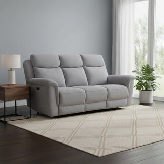 Grey sofa in a living room with a side table, lamp, and plant.