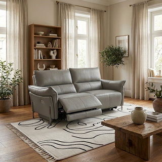 Living room with a grey recliner sofa, wooden coffee table, and bookshelf.
