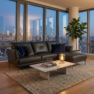 Modern living room with a city view