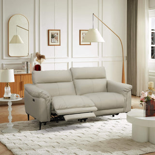 Light gray electric recliner sofa in a living room with decor elements.