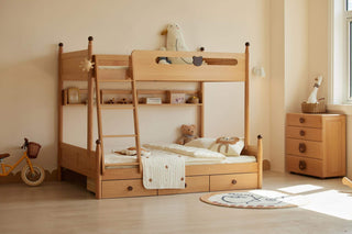 Wooden bunk bed with toys in a child's room