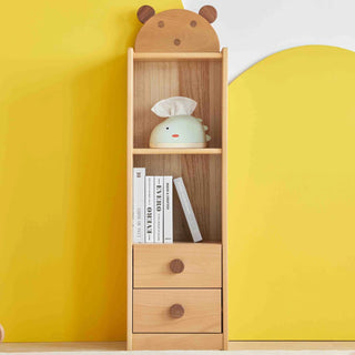 Wooden childrens shelf with animal-shaped top against a yellow wall