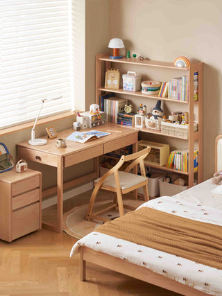 Wooden desk and bookshelf in a bedroom with books and decor items.