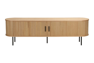 Wooden tv console with two doors on a white background